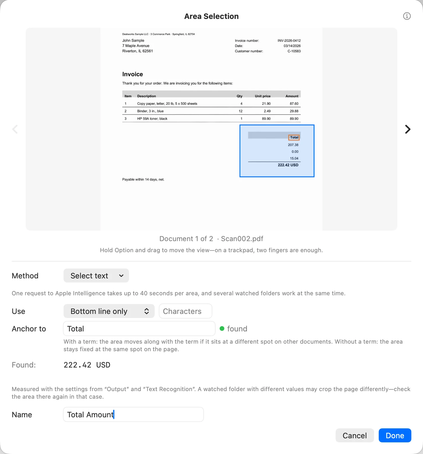 Area Selection with the Select text method, an area around the totals of the first invoice, and Use set to Bottom line only