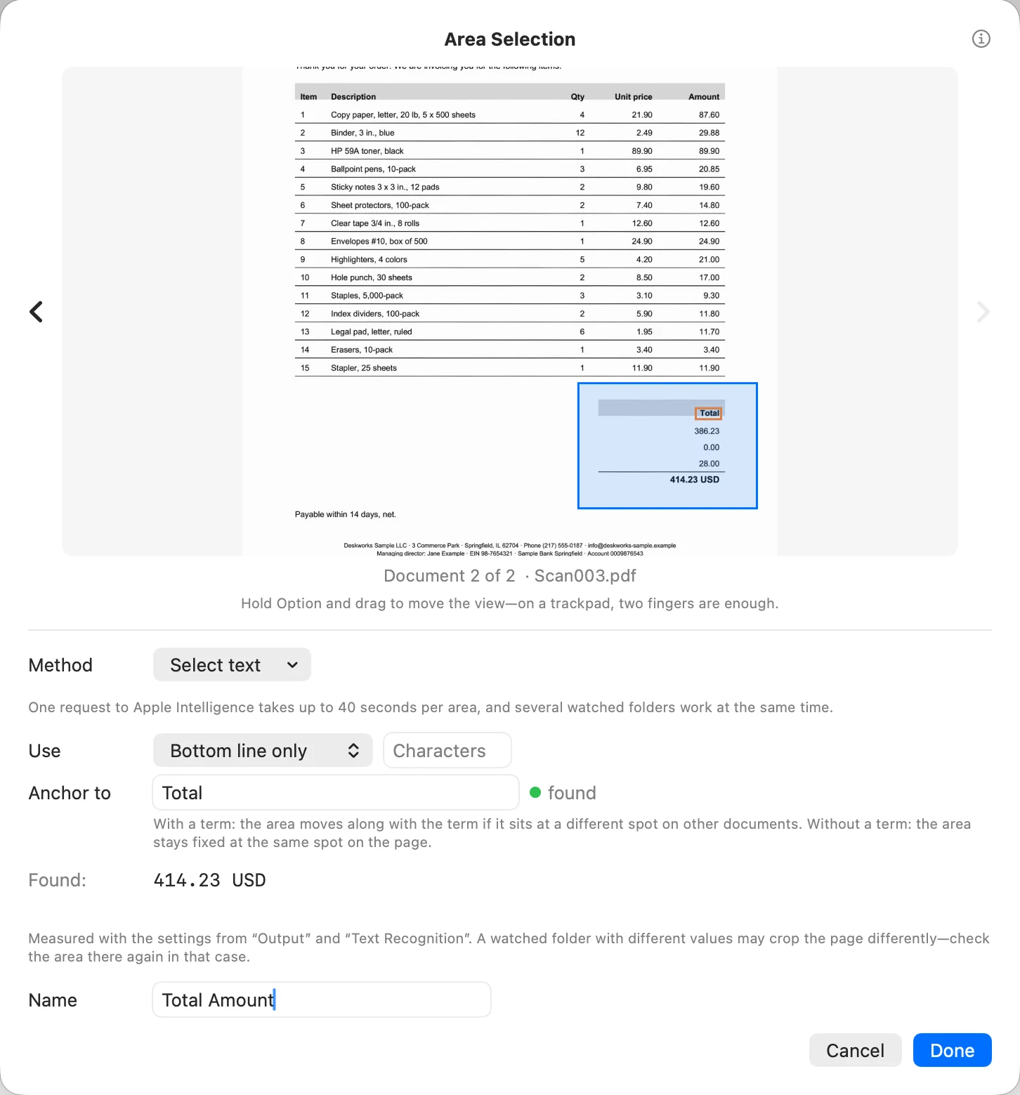 Area Selection on the second document: the area is again around the totals, Anchor to Total, found 222.42 USD