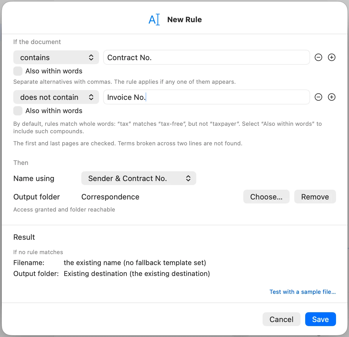 New Rule window with the conditions contains Contract No. and does not contain Invoice No., Name using Sender & Contract No., and the output folder Correspondence