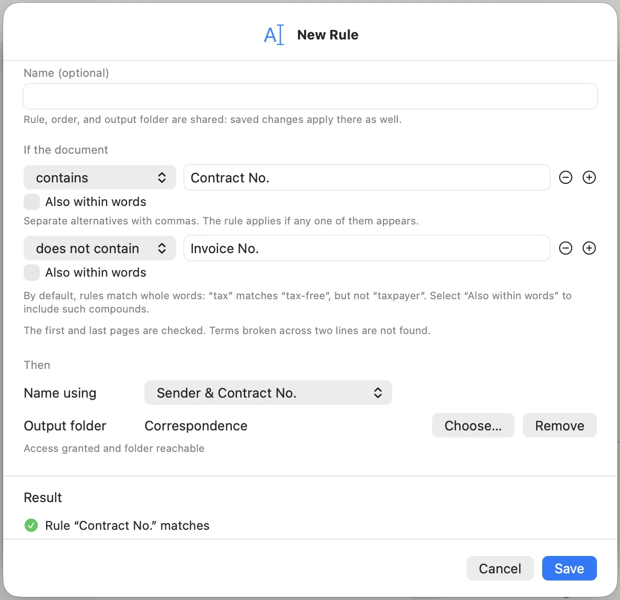 New Rule window with the result Rule Contract No. matches and the Save button