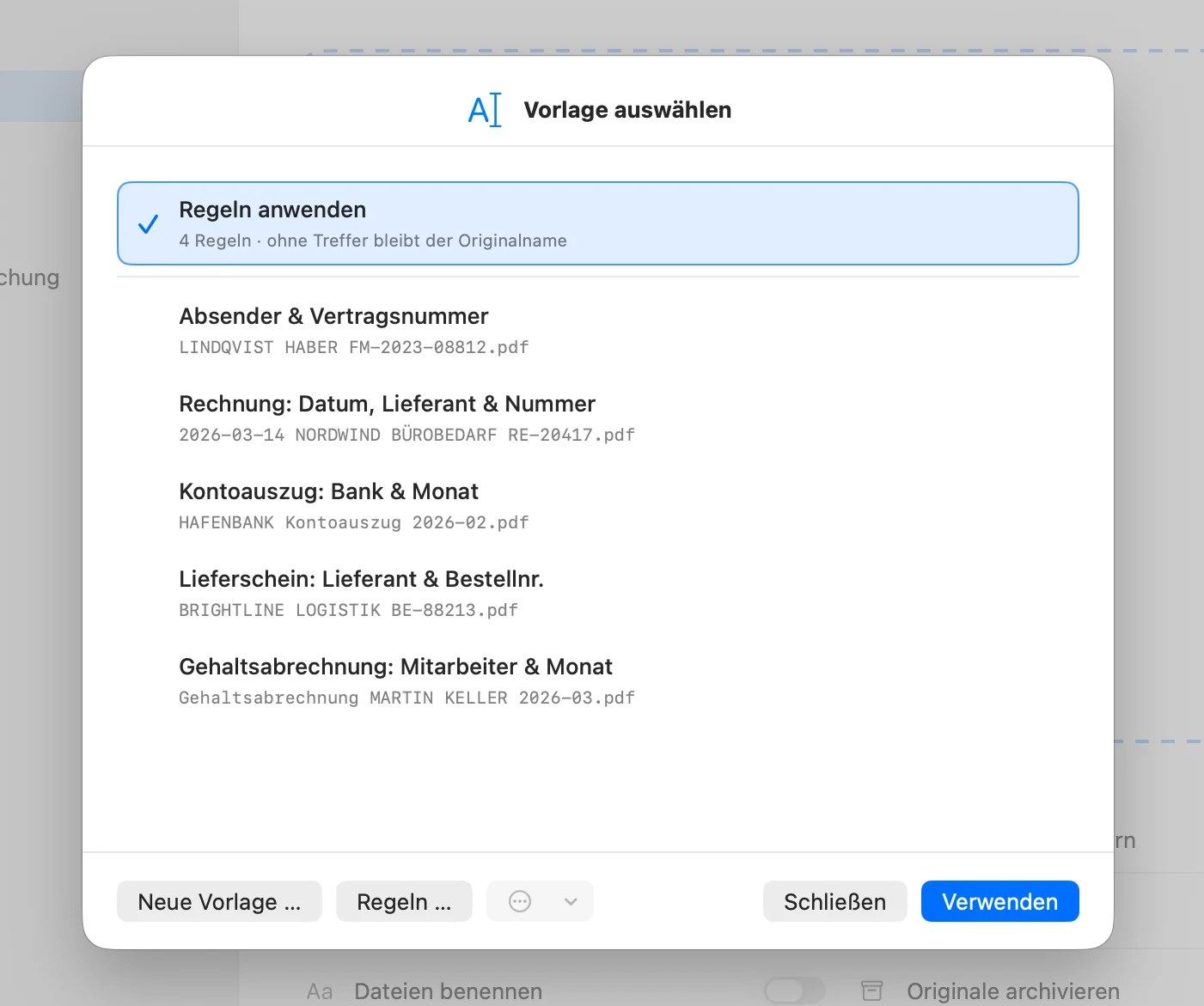 Fenster Vorlage auswählen mit dem ausgewählten Eintrag Regeln anwenden und dem Knopf Verwenden