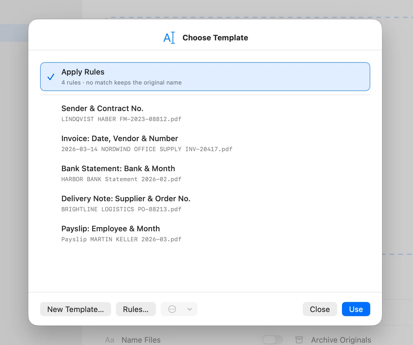 Choose Template window with Apply Rules selected and the Use button