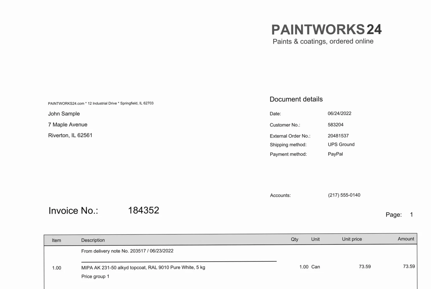 Upper part of a fictitious invoice from PAINTWORKS24 with document details such as Date, Customer No., External Order No., and Invoice No.