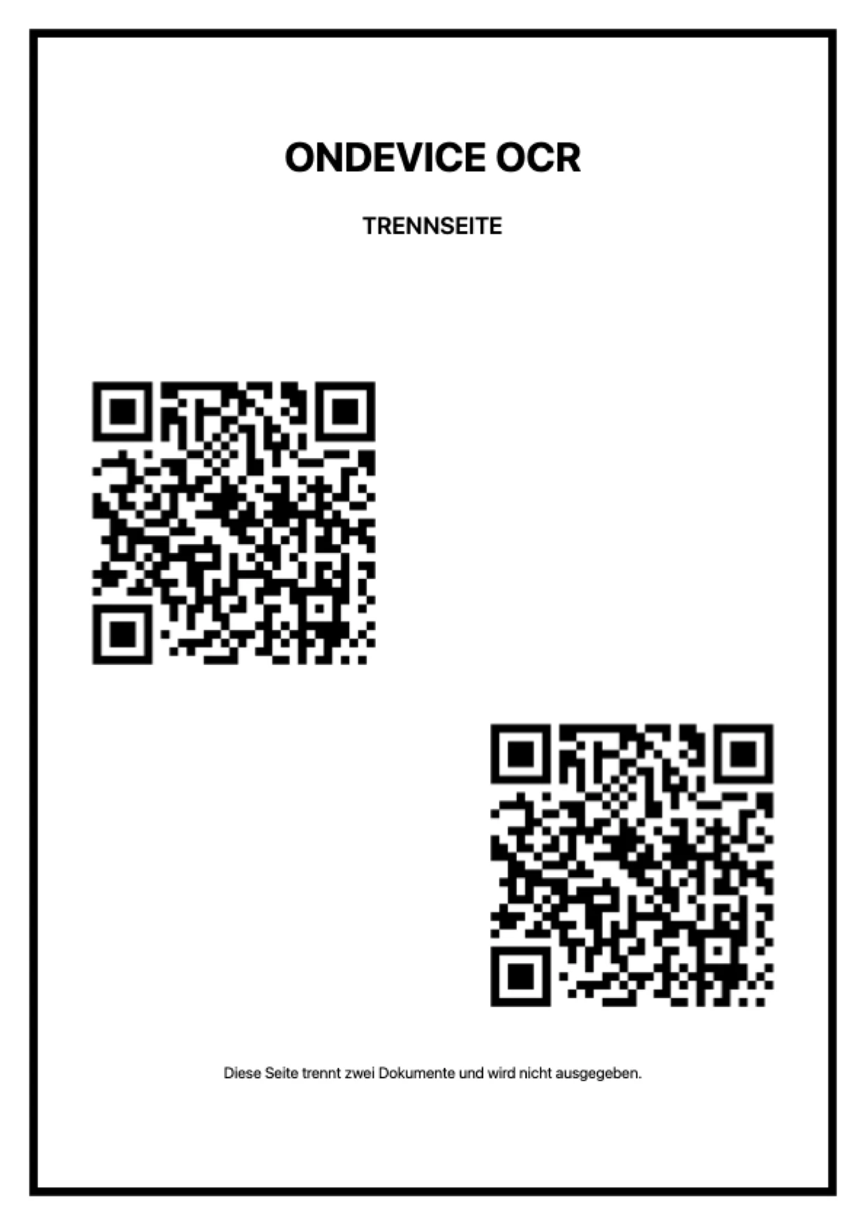 Ausgedruckte QR-Trennseite von OnDevice OCR mit zwei QR-Codes