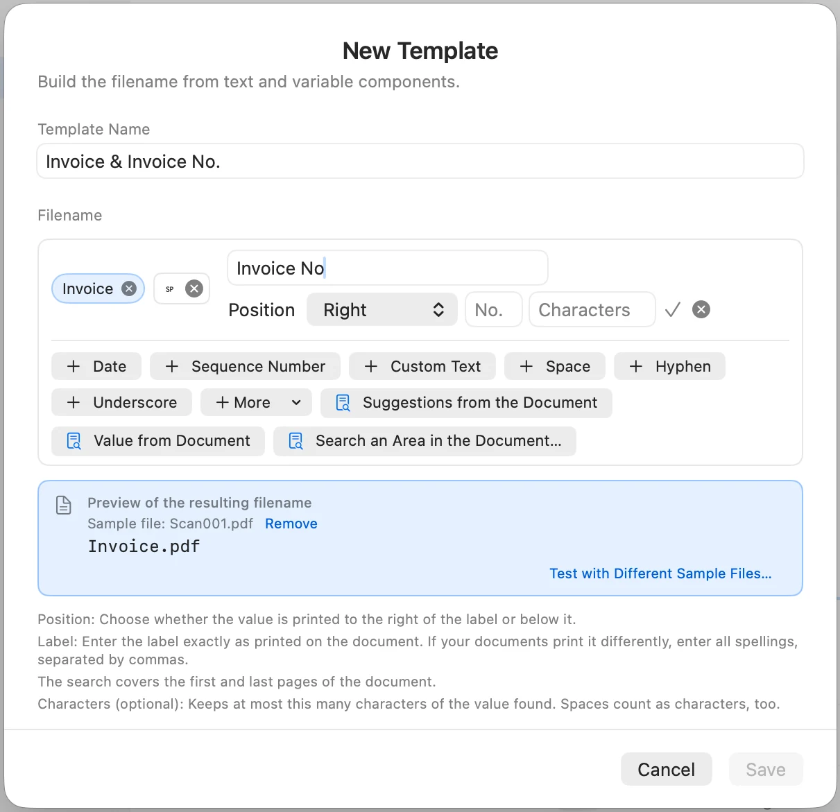 The Value from Document entry row with the label Invoice No, position Right, No., and Characters