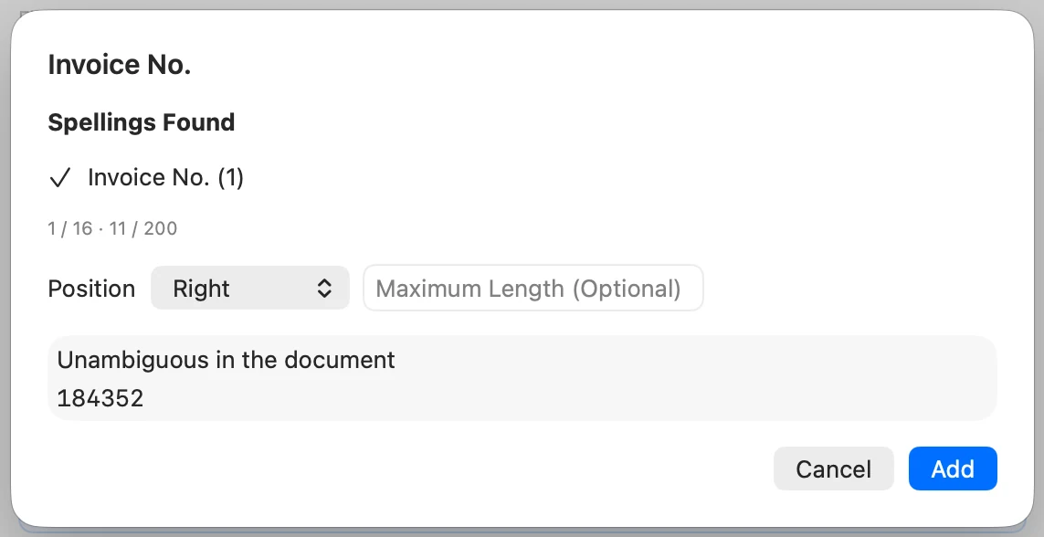 The Invoice No. suggestion with the spelling found, Position, Maximum Length, the value 184352 found, and the Add button