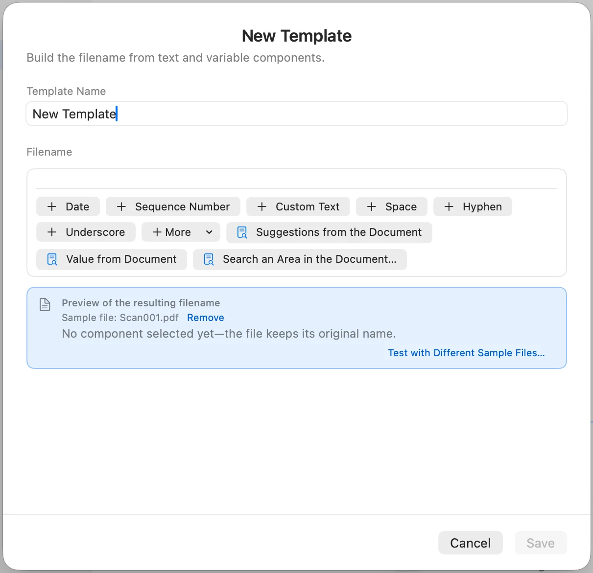 New Template window without components, with the sample file Scan001.pdf
