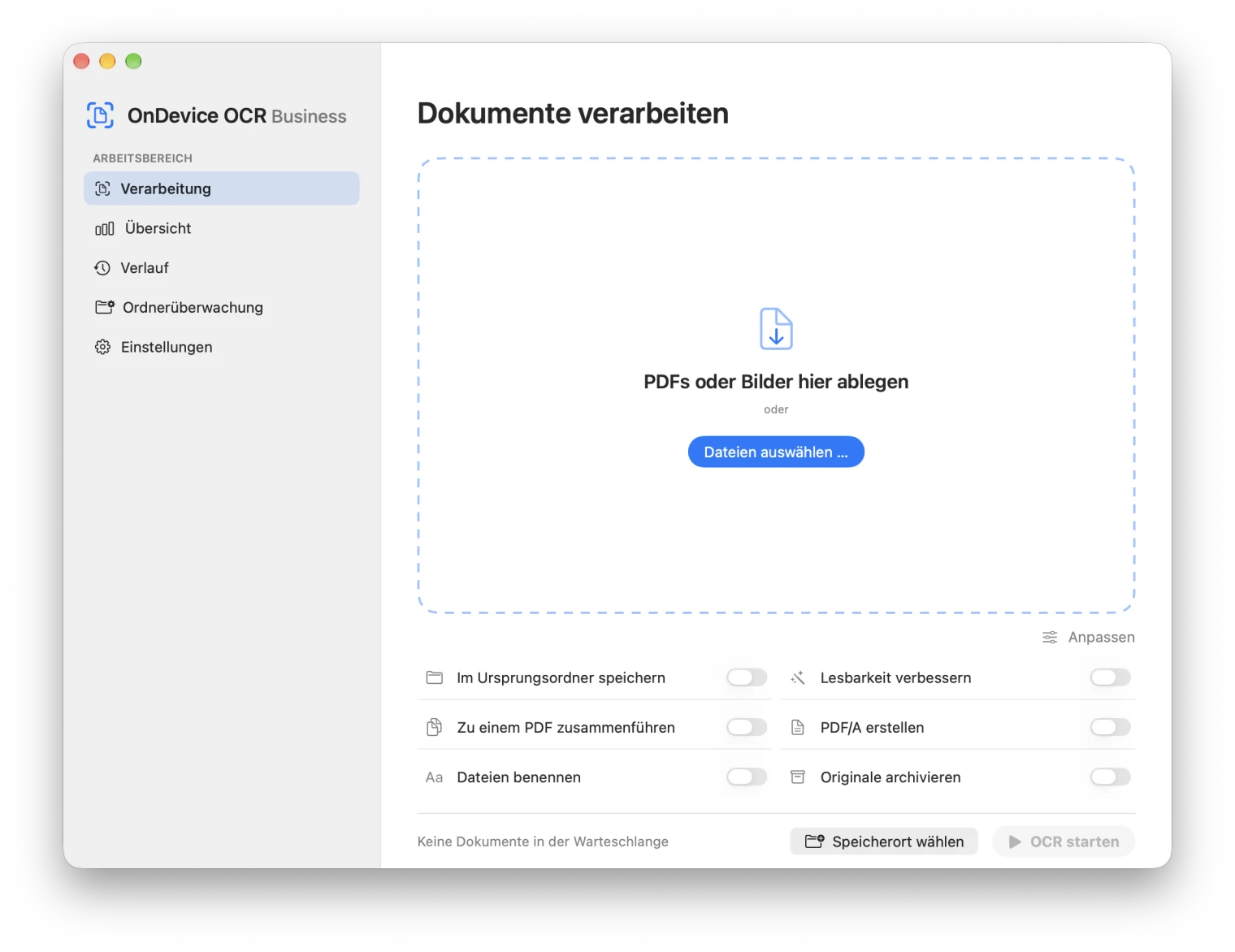 Verarbeitungsfenster von OnDevice OCR Business mit der Funktion Dateien benennen