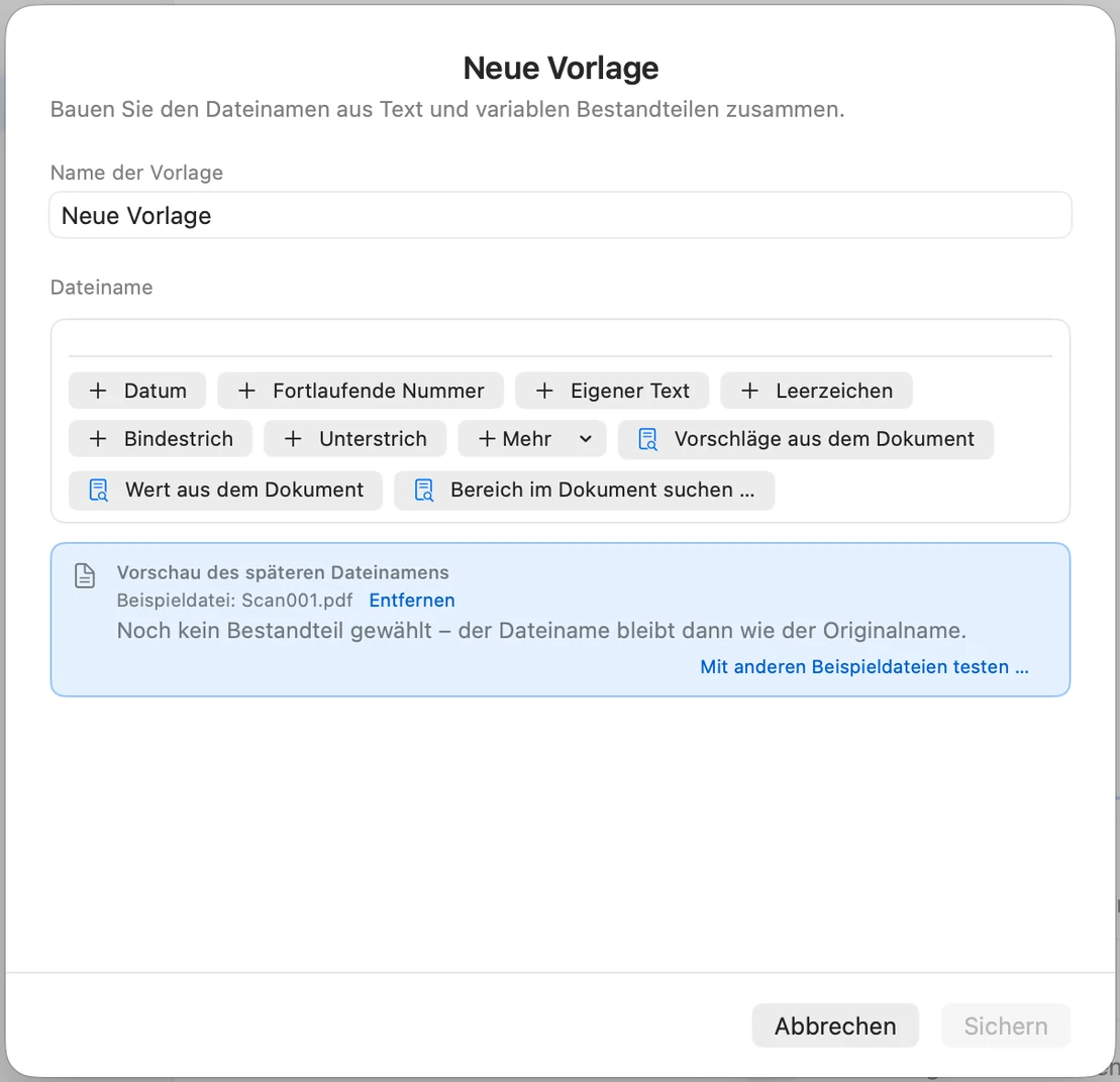 Fenster Neue Vorlage ohne Bausteine mit der Beispieldatei Scan001.pdf
