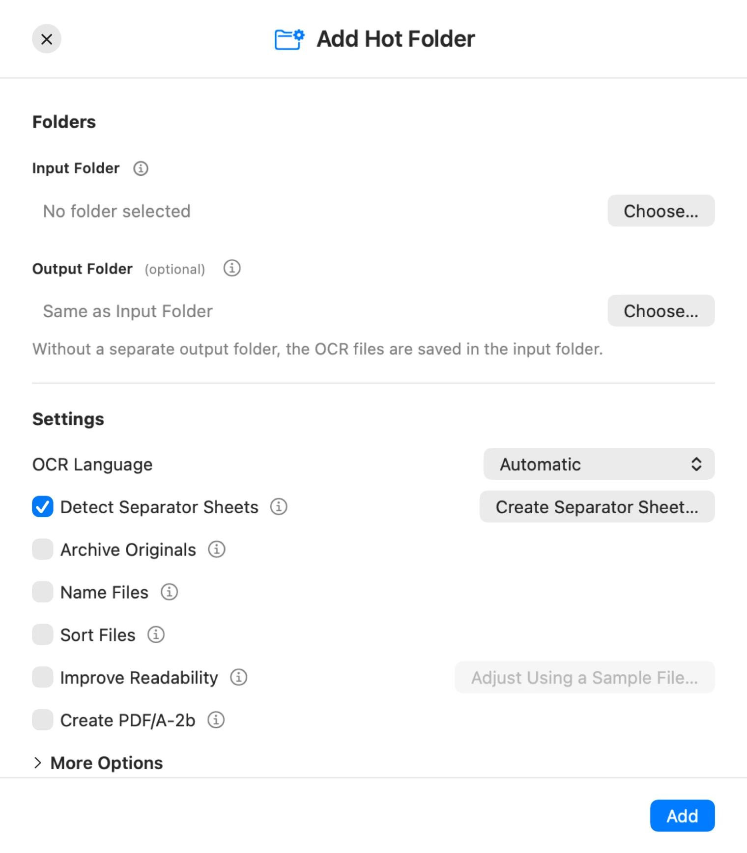 The Add Hot Folder window with Input Folder, Output Folder, and the Add button