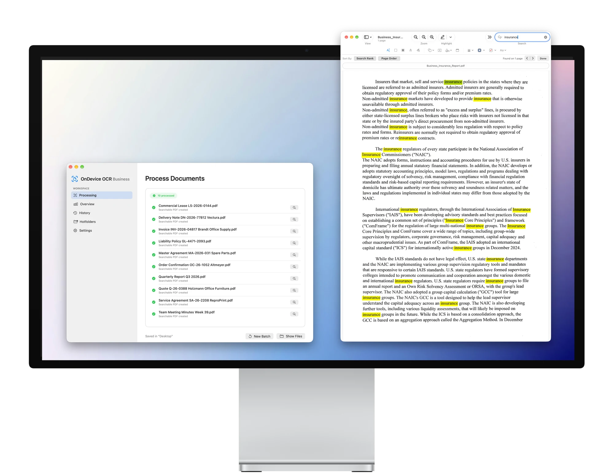 OnDevice OCR Business on a Mac: ten processed documents next to a searchable PDF with highlighted matches