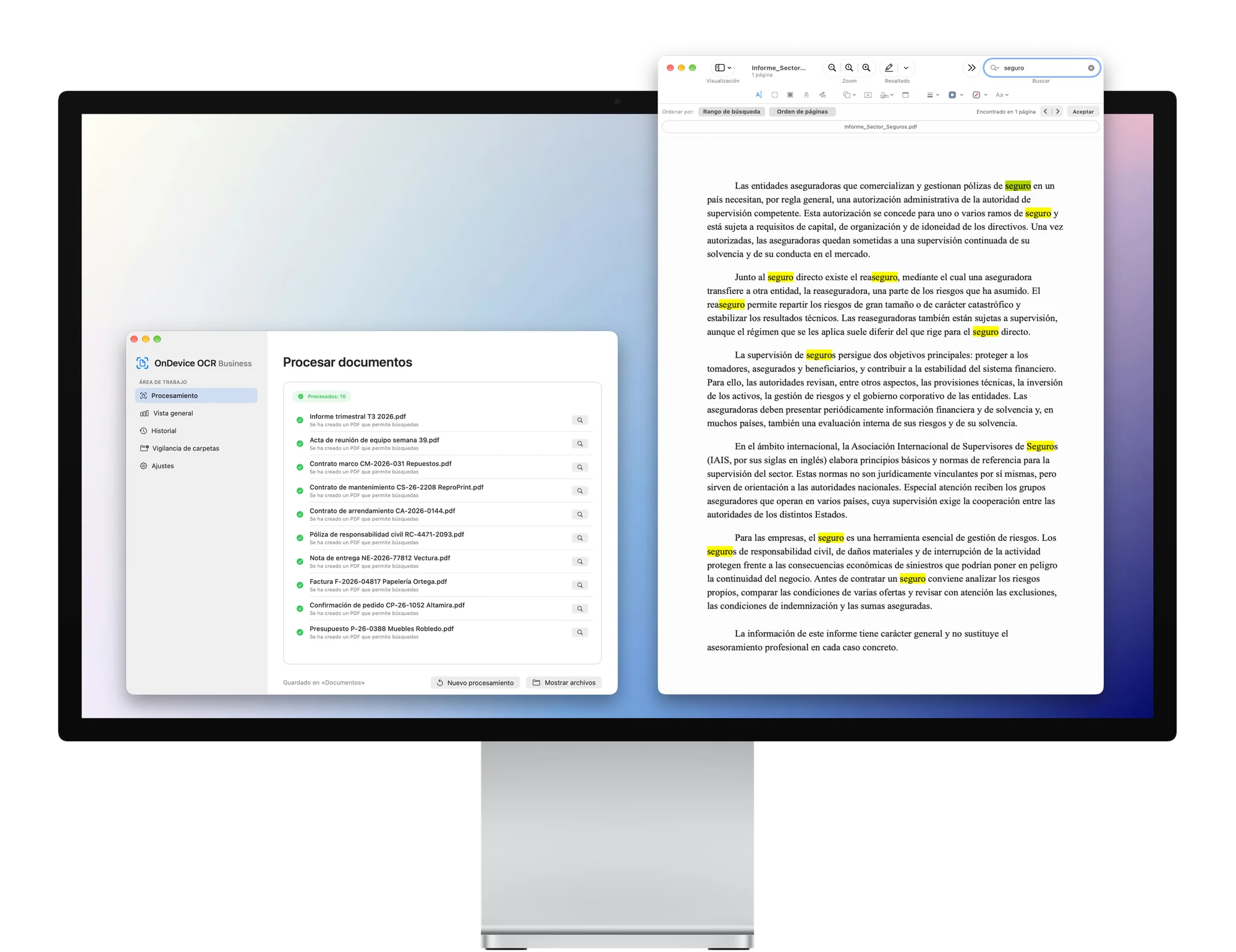 OnDevice OCR Business en un Mac: diez documentos procesados junto a un PDF con búsqueda de texto y resultados resaltados