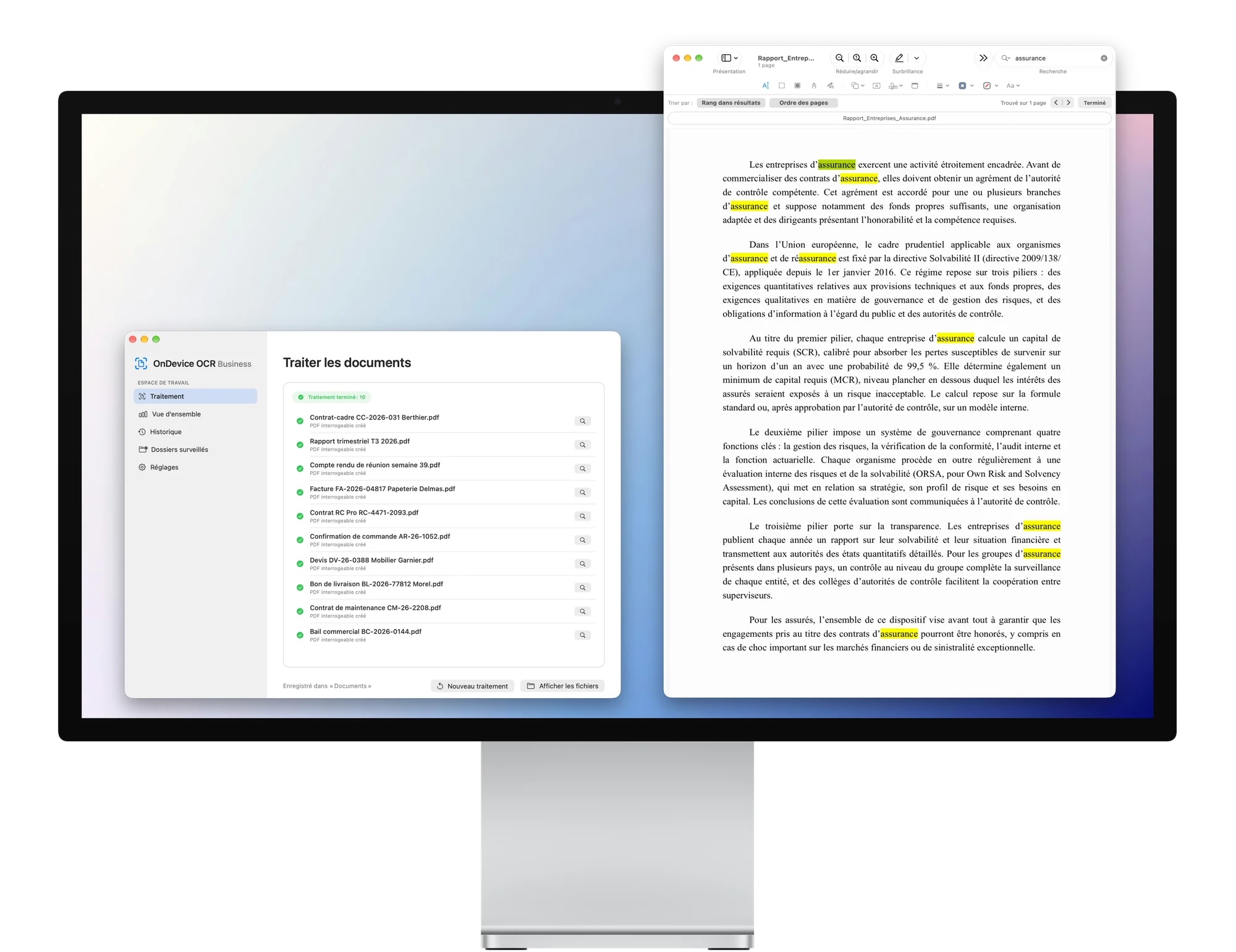 OnDevice OCR Business sur un Mac : dix documents traités à côté d’un PDF interrogeable avec des résultats mis en évidence