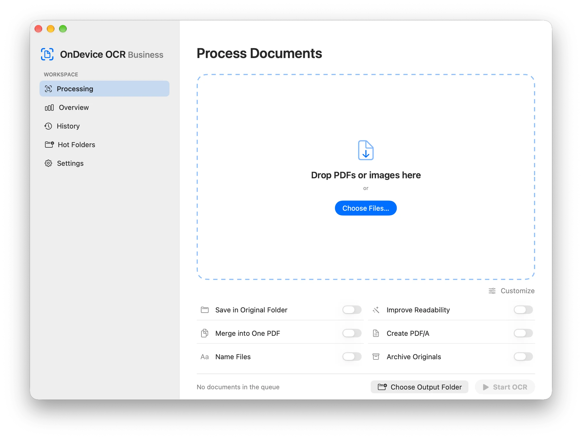 The processing window of OnDevice OCR Business with a drop area for PDFs and images and selectable processing steps