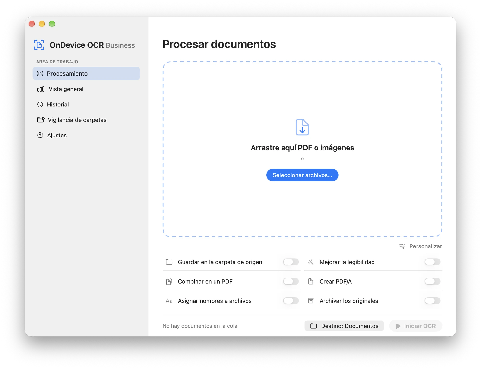 La vista de procesamiento de OnDevice OCR Business con zona para soltar PDF e imágenes y los pasos de procesamiento seleccionables