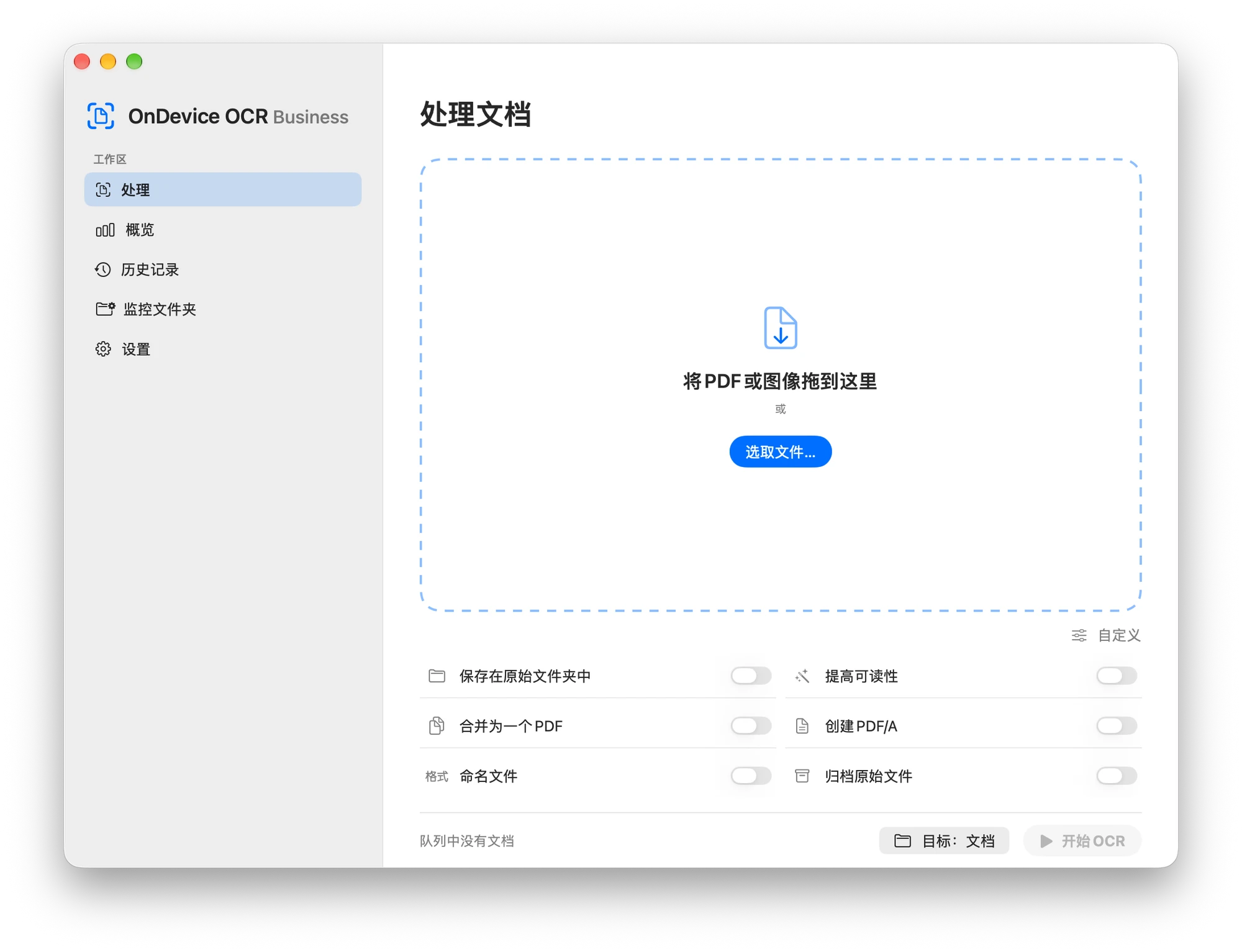 OnDevice OCR Business的处理窗口，带有PDF和图片的拖放区域以及可选择的处理步骤